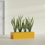 Tiergarden Railing fiberglass planter in Gloss Saffron, shown planted, in a sunlit interior