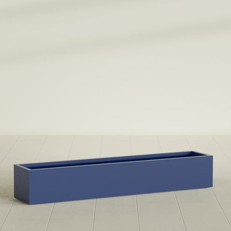 Cuba Low Rectangular Planter in Matte Cobalt Blue, 72"L × 14"D × 12"H, shown empty