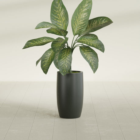 Lisbon Tall Round fiberglass planter in Matte Charcoal, shown planted, in a sunlit interior