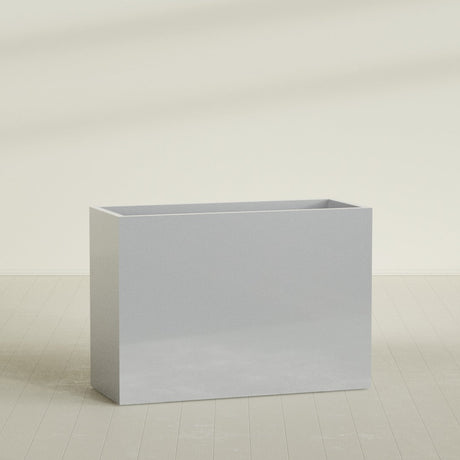 Darwin Rectangular Planter in Metallic Silver, 60"L × 24"D × 42"H, shown empty
