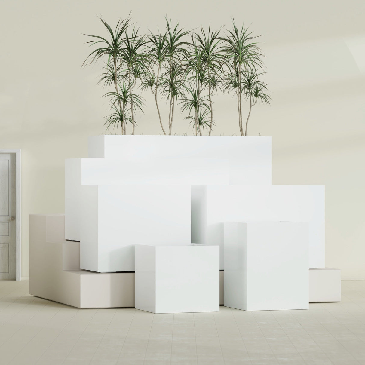 Brisbane Rectangular fiberglass planter in Gloss Bright White, size range, in a sunlit interior