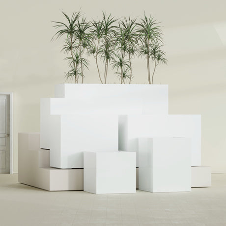 Brisbane Rectangular fiberglass planter in Gloss Bright White, size range, in a sunlit interior