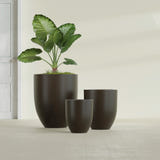 Valencia Tapered Round fiberglass planter in Matte Dark Brown, size range, in a sunlit interior