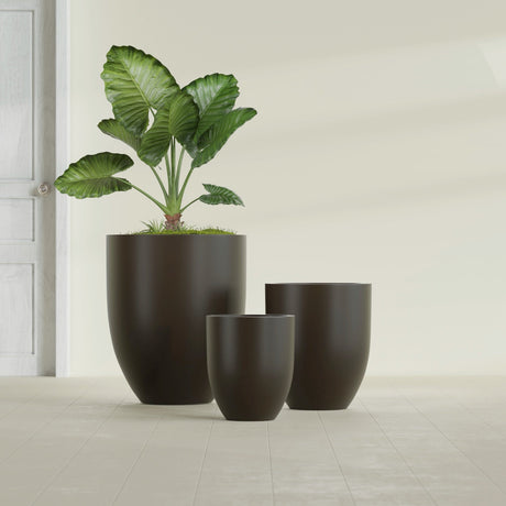 Valencia Tapered Round fiberglass planter in Matte Dark Brown, size range, in a sunlit interior