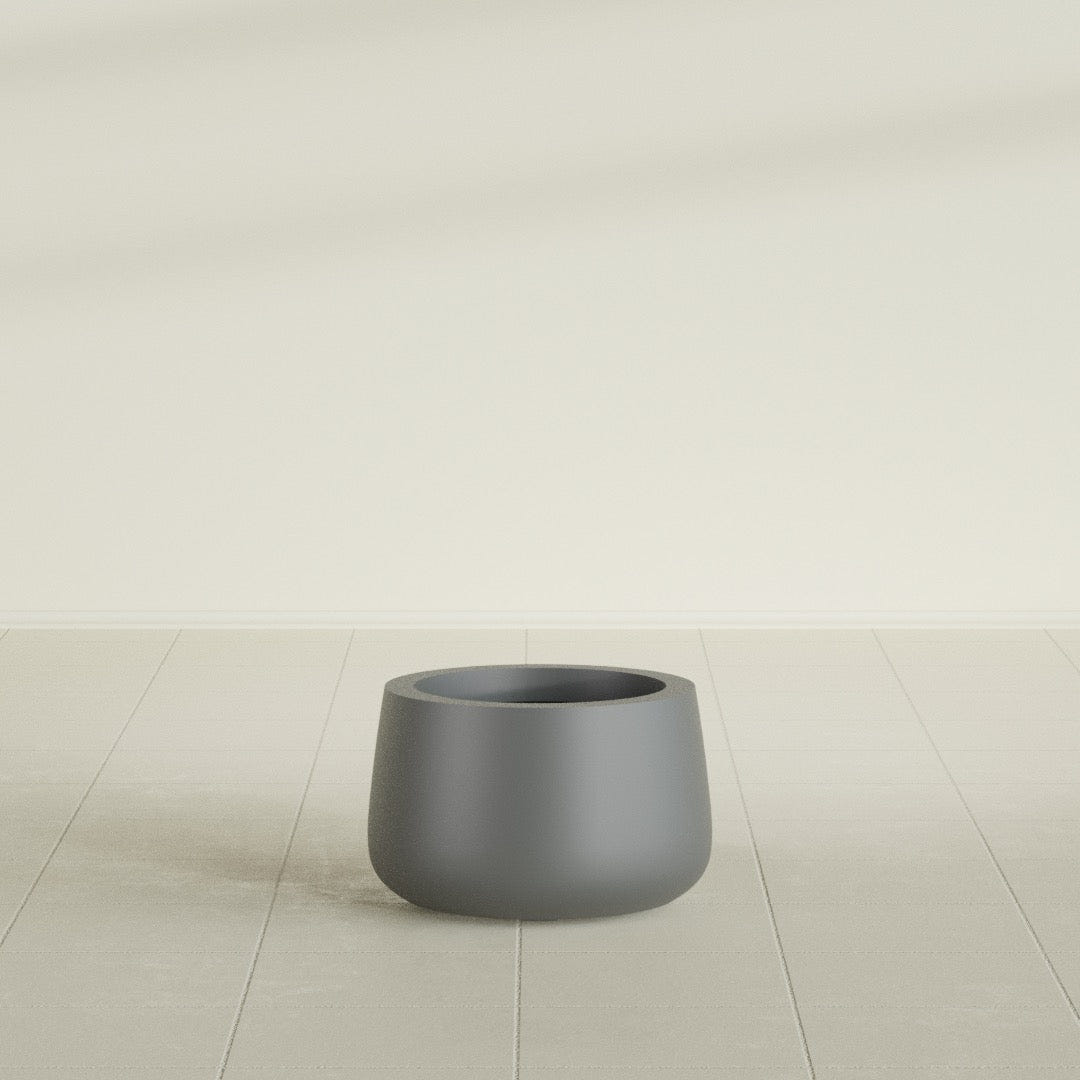 Short Hayden Bowl Planter in Matte Gunmetal, 12"D × 7"H, shown empty