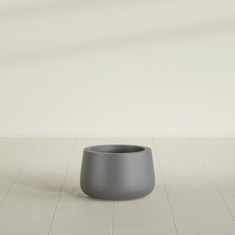 Short Hayden Bowl Planter in Matte Gunmetal, 12"D × 7"H, shown empty