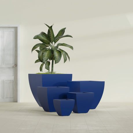 Lima Tapered Square fiberglass planter in Matte Cobalt Blue, size range, in a sunlit interior