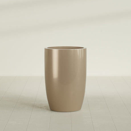 Lisbon tall round tapered fiberglass planter in Gloss Metallic Gold, 24 in diameter, 36 in high, shown empty