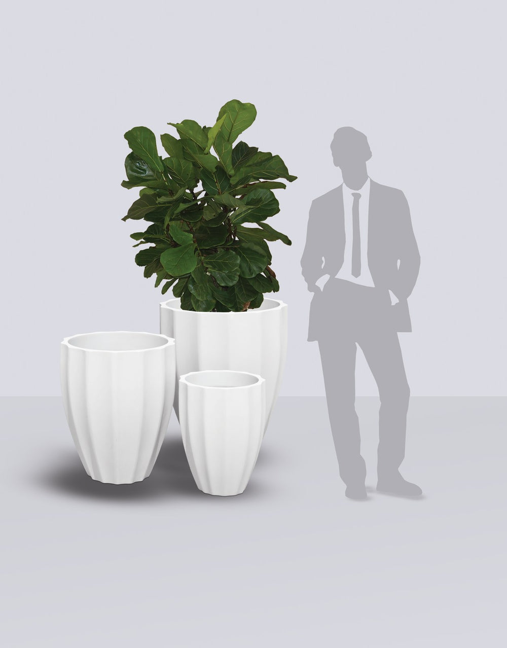 Alicante Fluted fiberglass planter size range shown to scale beside a standing figure