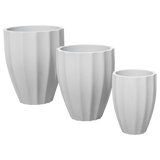 Alicante fluted fiberglass planter shown in all sizes side by side in a studio render for comparing sizes: D 15 in × 21 in, D 22 in × 27 in, D 26 in × 32 in