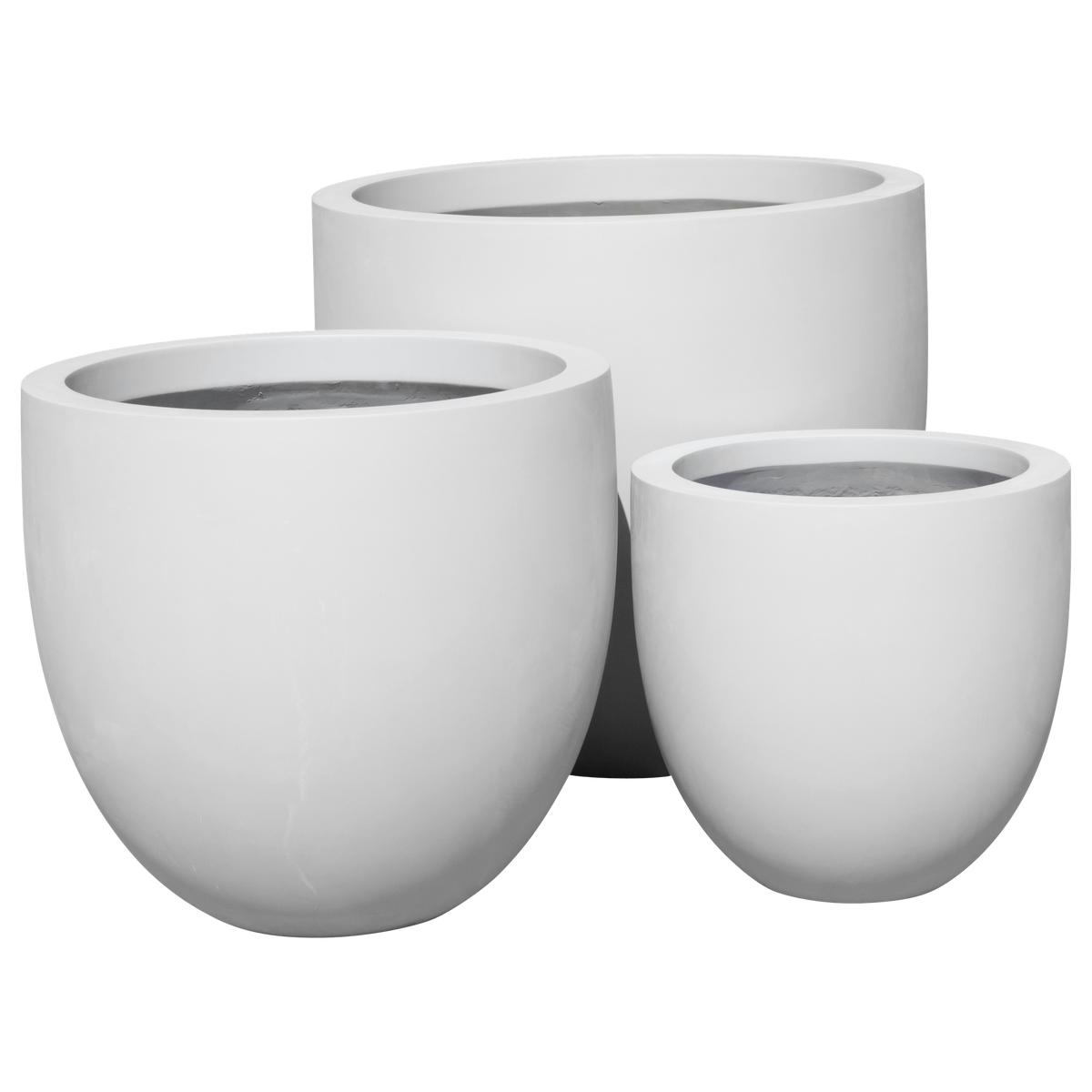 Alzira bowl fiberglass planter shown in all sizes side by side in a studio render for comparing sizes: D 23 in × 22 in, D 30 in × 28 in, D 36 in × 34 in