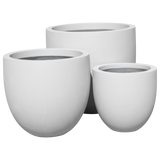 Alzira bowl fiberglass planter shown in all sizes side by side in a studio render for comparing sizes: D 23 in × 22 in, D 30 in × 28 in, D 36 in × 34 in