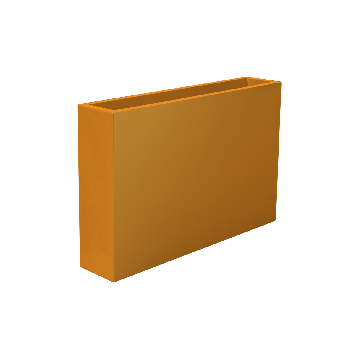 Amesbury narrow rectangular fiberglass planter in Gloss Tangerine, studio render