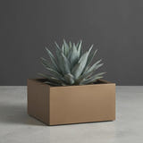 Antwerp Corner fiberglass planter in Matte Bronze, planted with blue-grey agave, studio