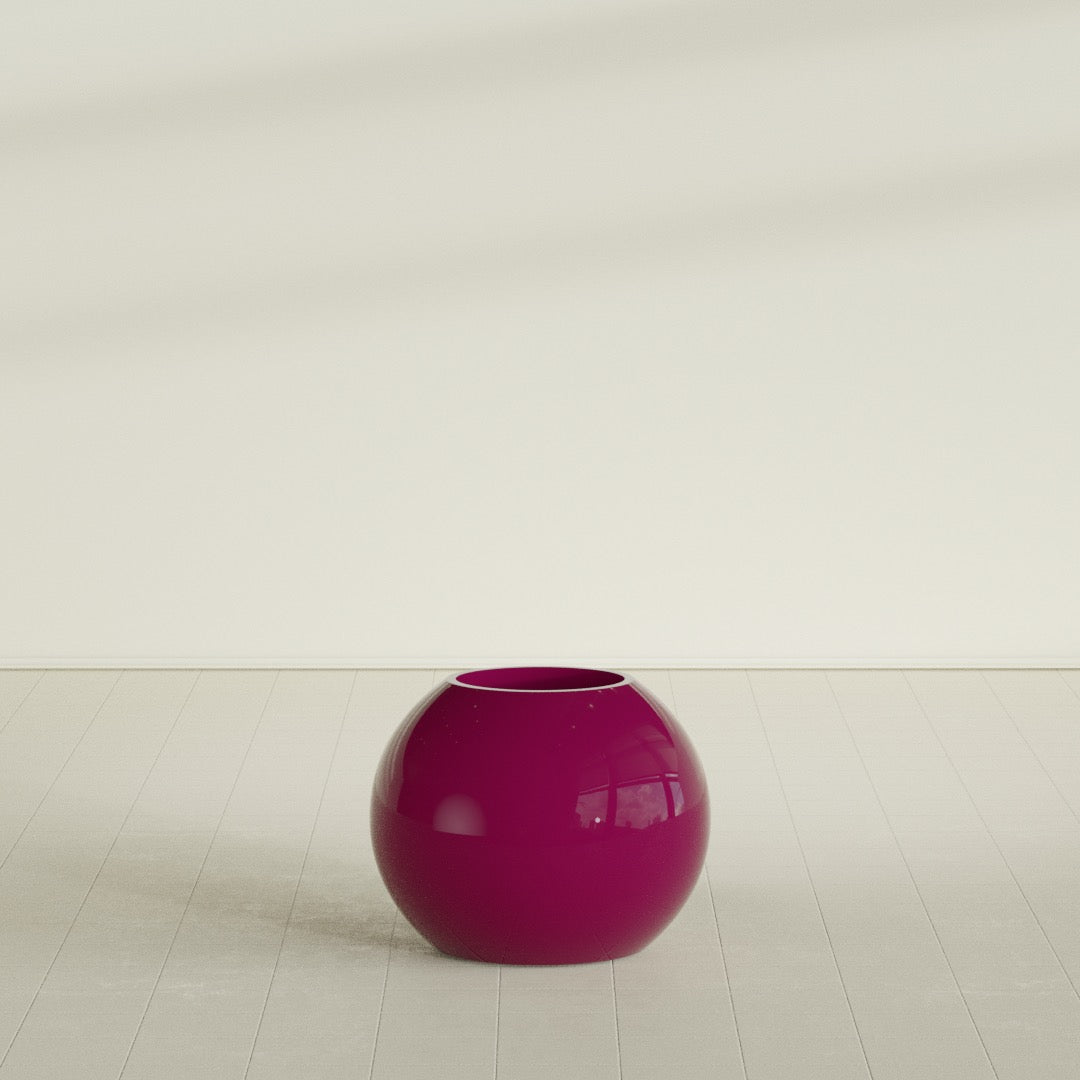 Globe Planter in Gloss Eggplant, 24"D × 19"H, shown empty