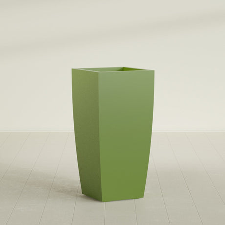 Toulan Tapered Square Planter in Satin Green, 20"W × 42"H, shown empty