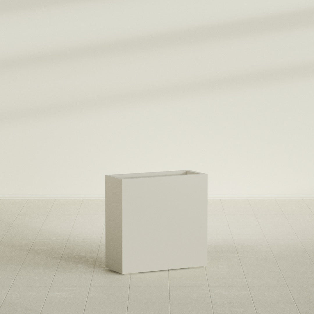 Milano Narrow Rectangular Planter in Satin Beige, 24"L × 10"D × 24"H, shown empty