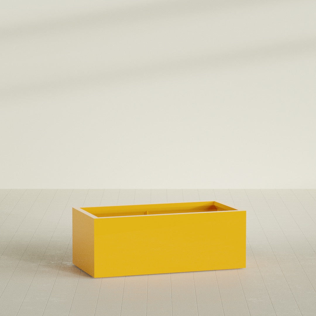 Torino Wide Rectangular Planter in Gloss Saffron, 48"L × 24"D × 18"H, shown empty