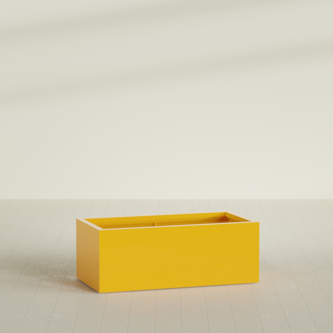 Torino Wide Rectangular Planter in Gloss Saffron, 48"L × 24"D × 18"H, shown empty
