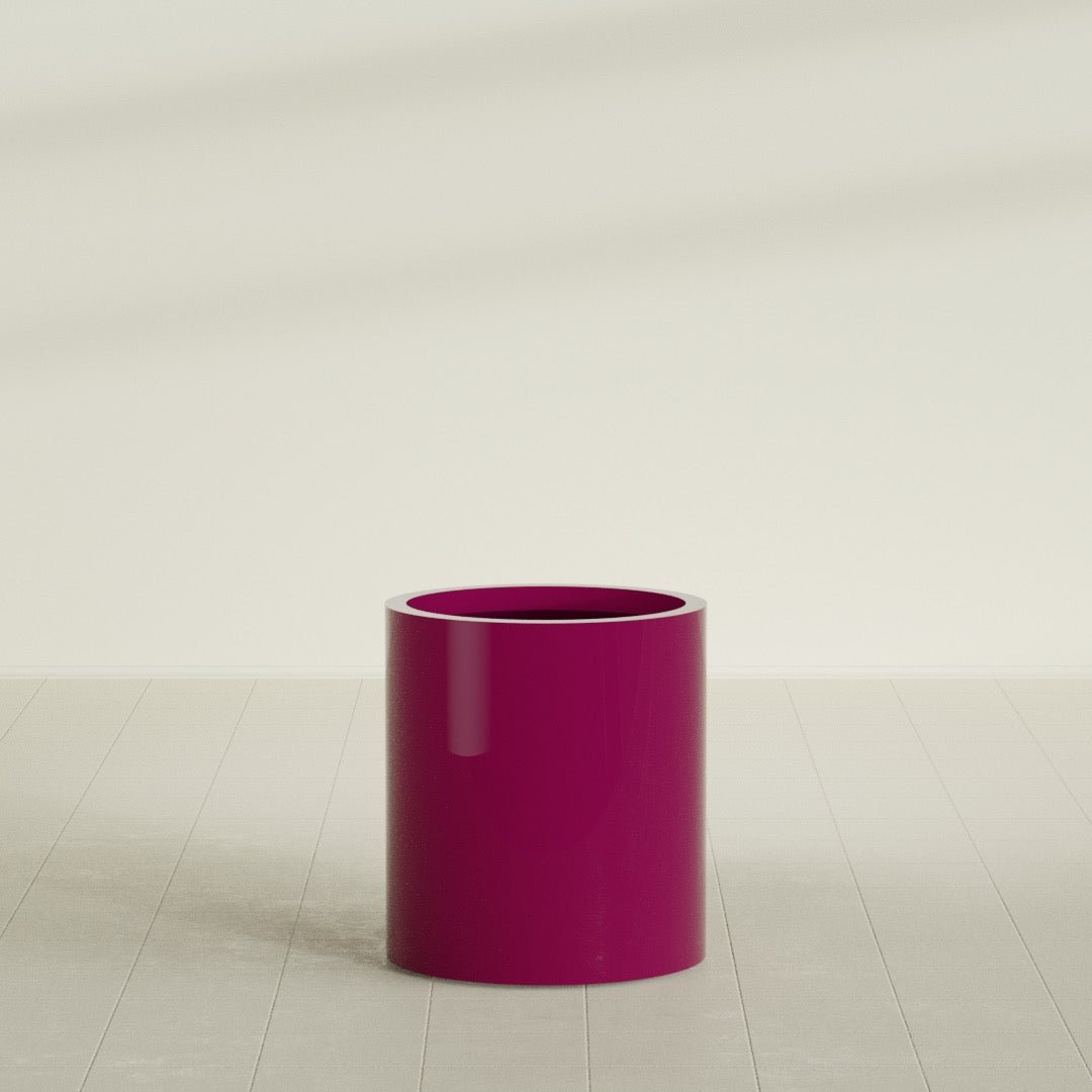 Rio Grande Cylinder Planter in Gloss Eggplant, 18"D × 20"H, shown empty