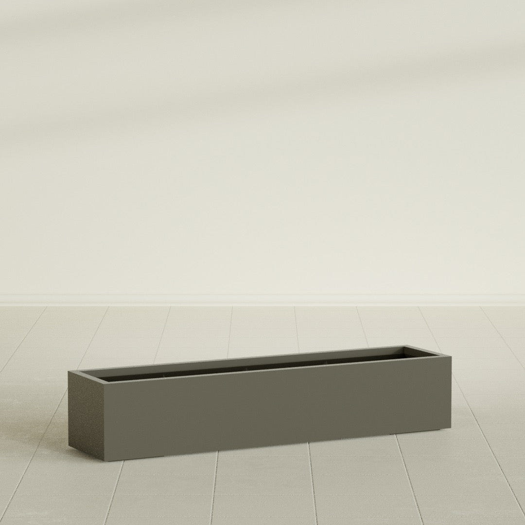 Cuba Low Rectangular Planter in Matte Bronze, 60"L × 14"D × 12"H, shown empty