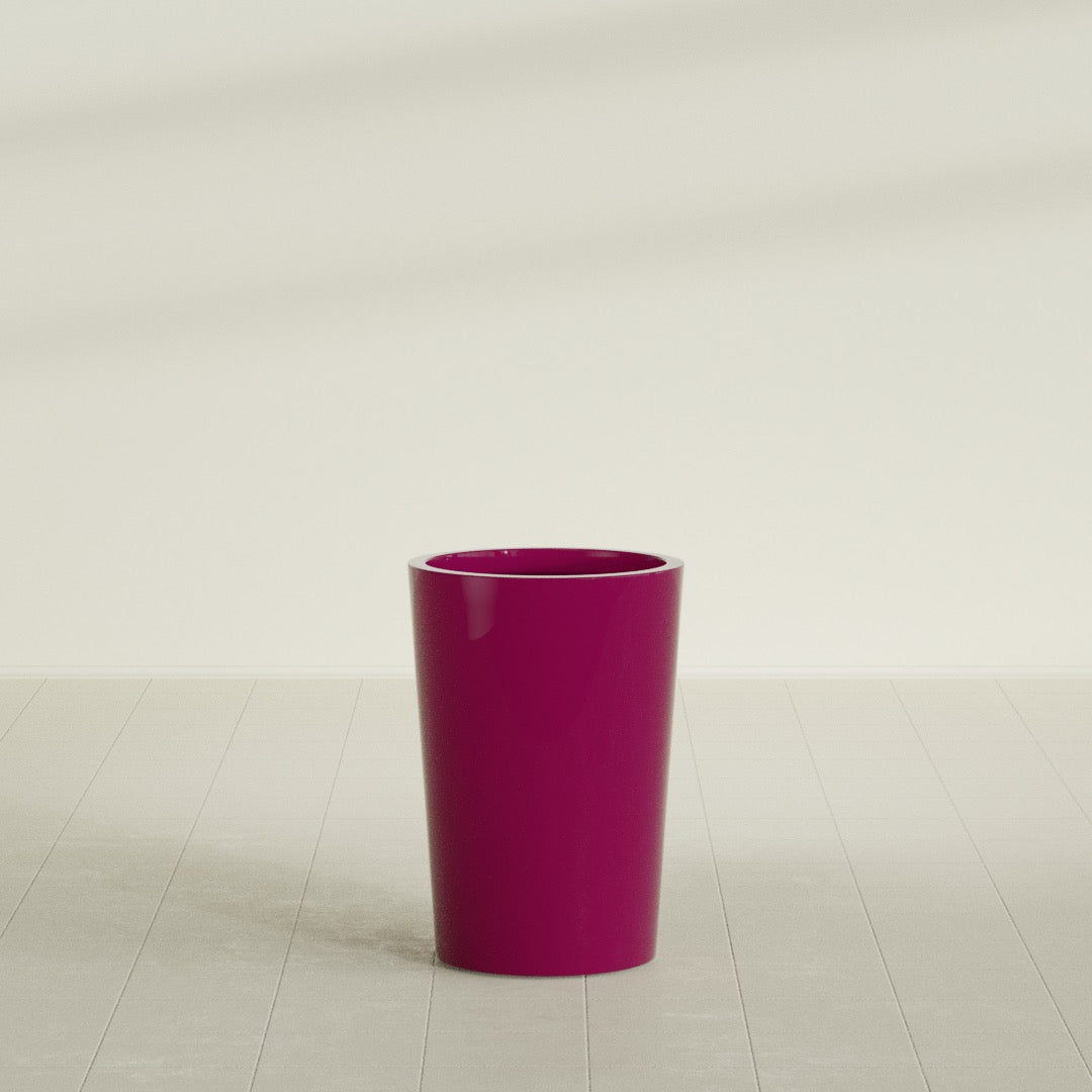 Tegel Round Tapered Planter in Gloss Eggplant, 18"D × 26"H, shown empty