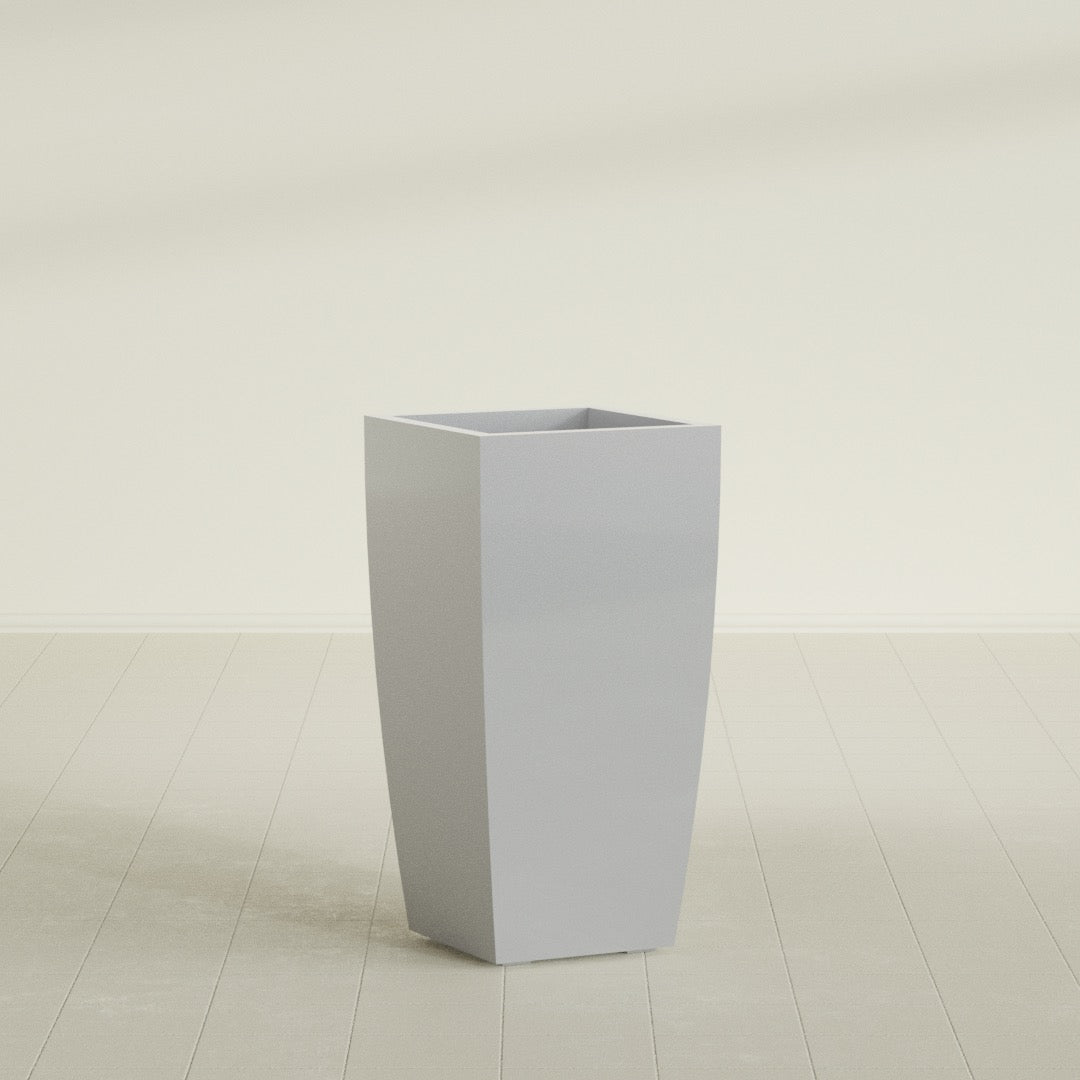Toulan Tapered Square Planter in Metallic Silver, 18"W × 36"H, shown empty