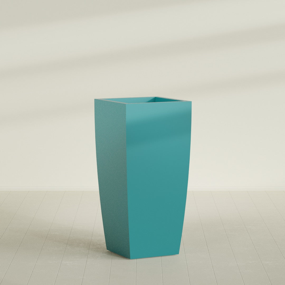 Toulan Tapered Square Planter in Satin Seafoam Green, 28"W × 60"H, shown empty