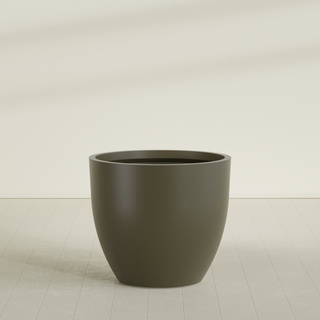 Wannsee Round Planter in Matte Bronze, 50"D × 44"H, shown empty