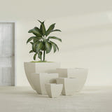 Lima Tapered Square fiberglass planter in Satin Beige, size range, in a sunlit interior