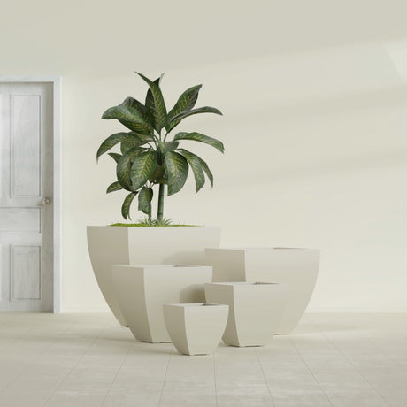Lima Tapered Square fiberglass planter in Satin Beige, size range, in a sunlit interior