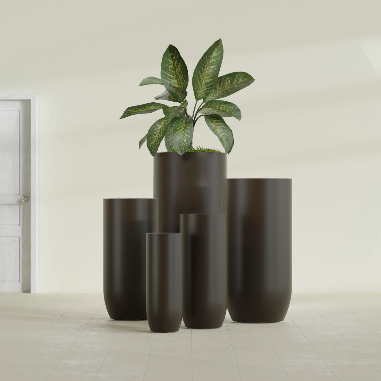 Saint Tropez Bullet Round Planter in Matte Dark Brown, 28"D × 60"H, shown empty