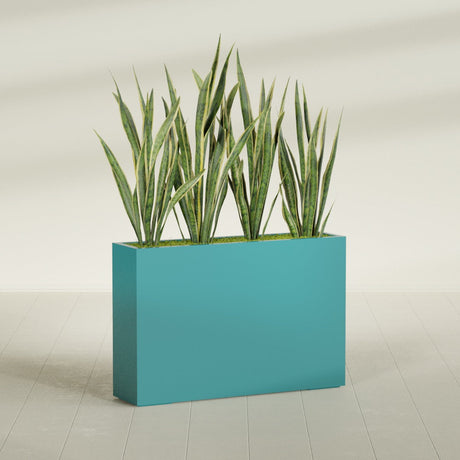 Delray Rectangular fiberglass planter in Satin Seafoam Green, planted, in a sunlit interior