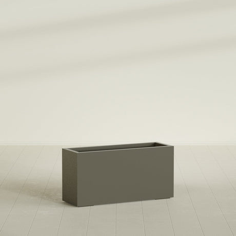Miami Narrow Rectangular Planter in Matte Bronze, 36"L × 12"D × 18"H, shown empty