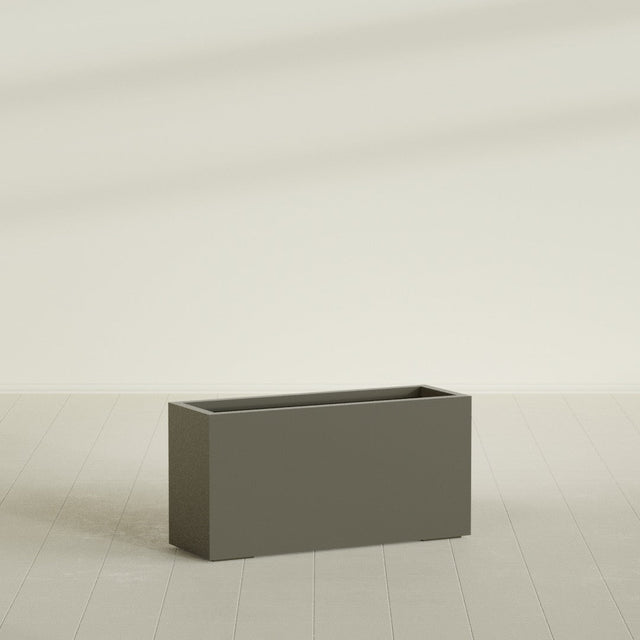 Miami Narrow Rectangular Planter in Matte Bronze, 36"L × 12"D × 18"H, shown empty
