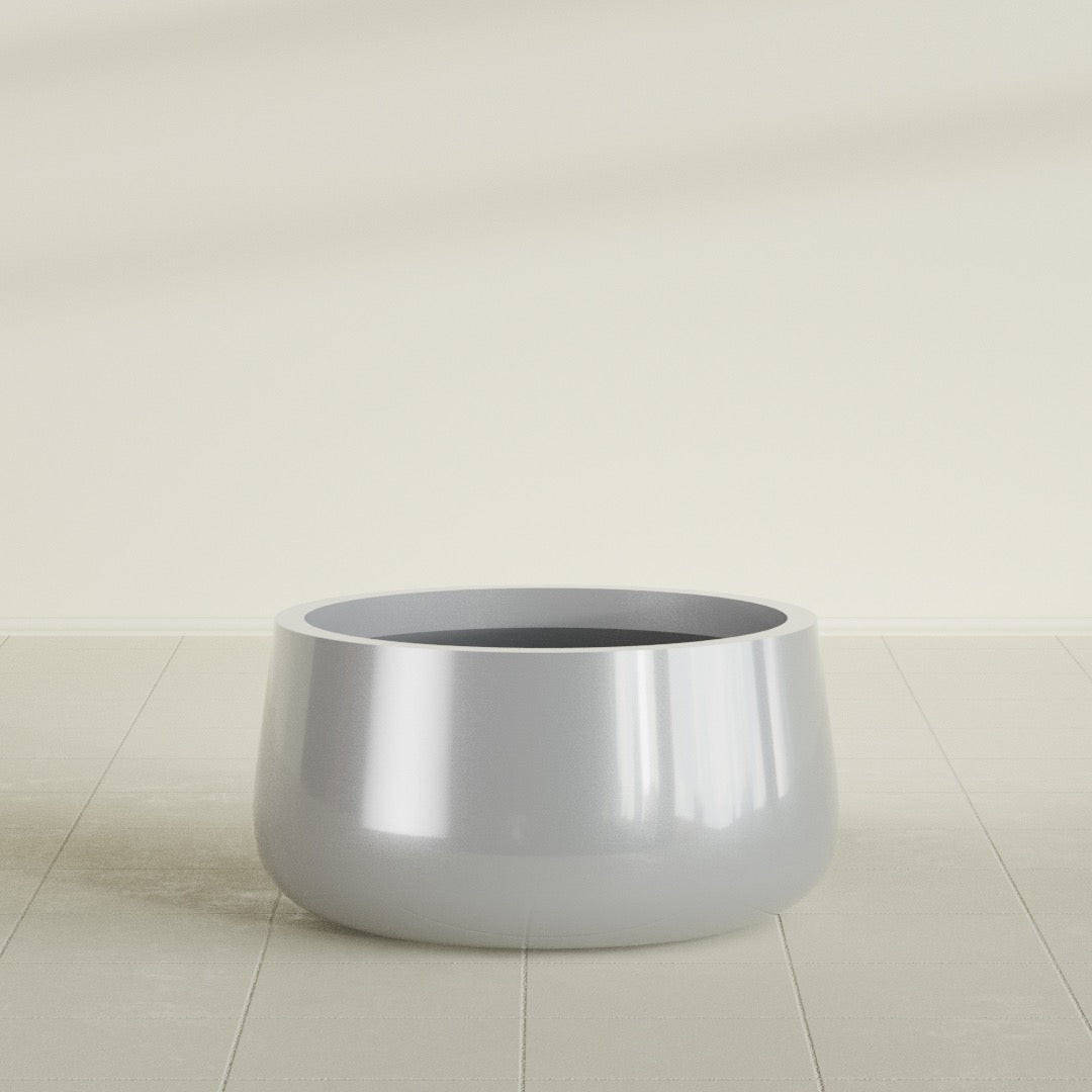 Short Hayden Bowl Planter in Metallic Silver, 20"D × 10"H, shown empty