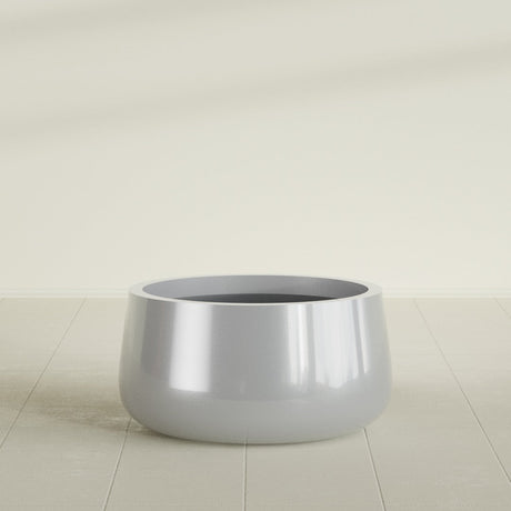 Short Hayden Bowl Planter in Metallic Silver, 20"D × 10"H, shown empty