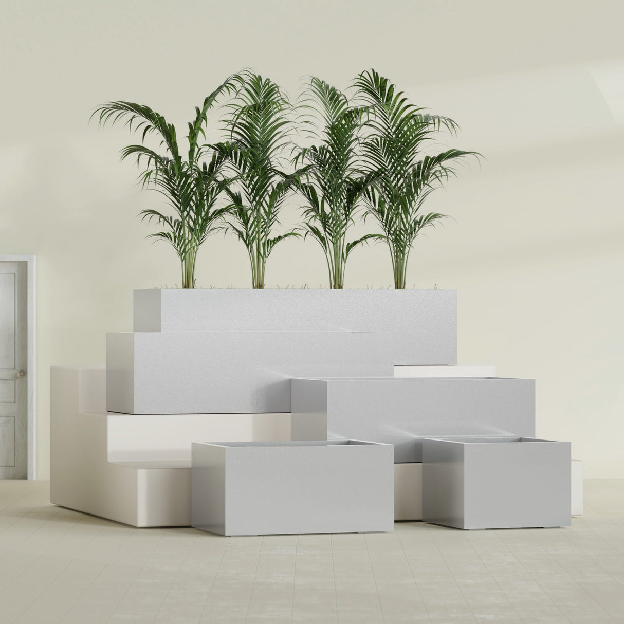 Torino Wide Rectangular fiberglass planter in Metallic Silver, size range, in a sunlit interior
