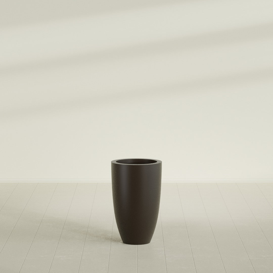 Brannan Tapered Round Planter in Matte Dark Brown, 18"D × 29"H, shown empty
