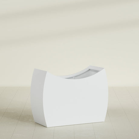 Seoul Curved Planter in Gloss Bright White, 48"L × 20"D × 36"H, shown empty