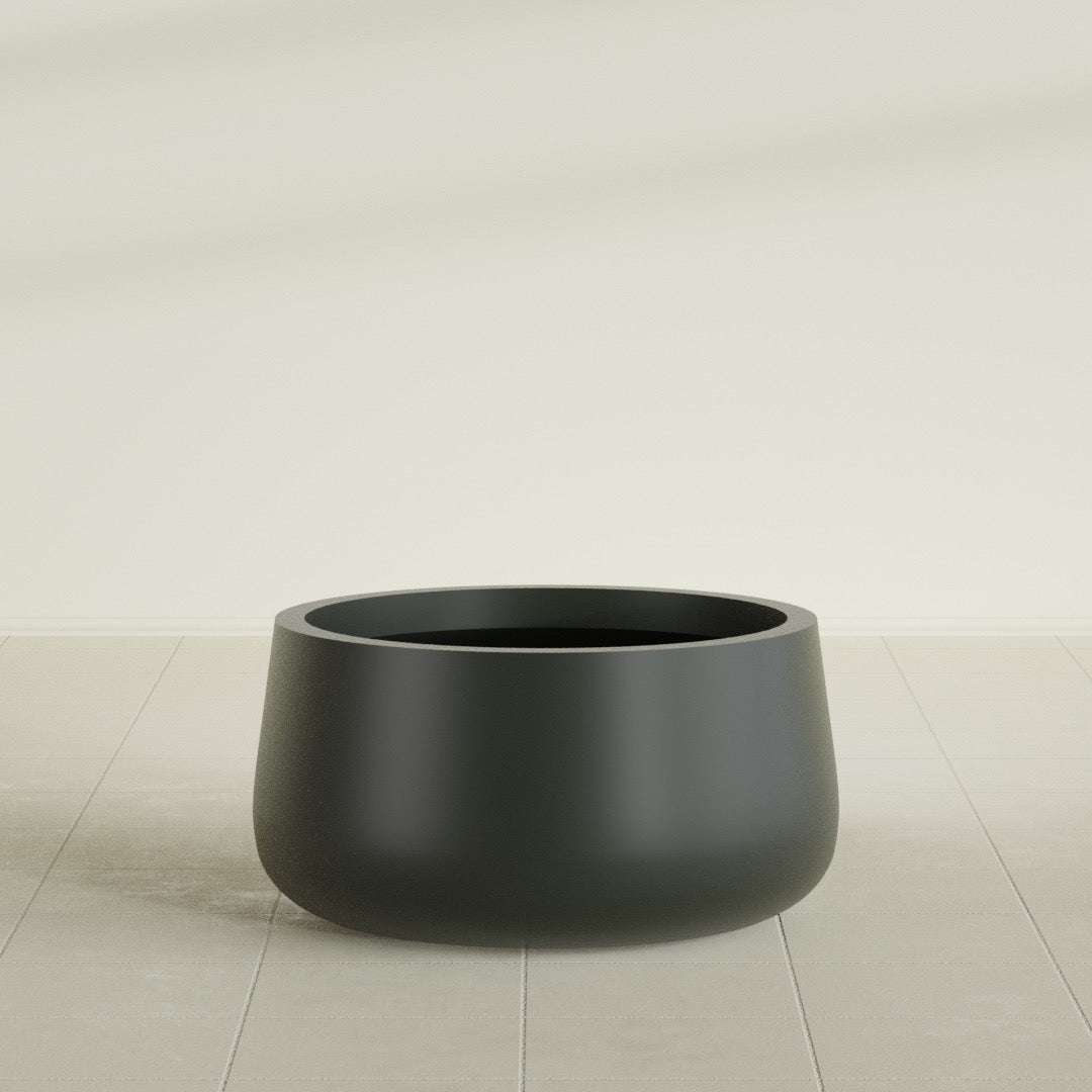 Short Hayden Bowl Planter in Matte Charcoal, 20"D × 10"H, shown empty