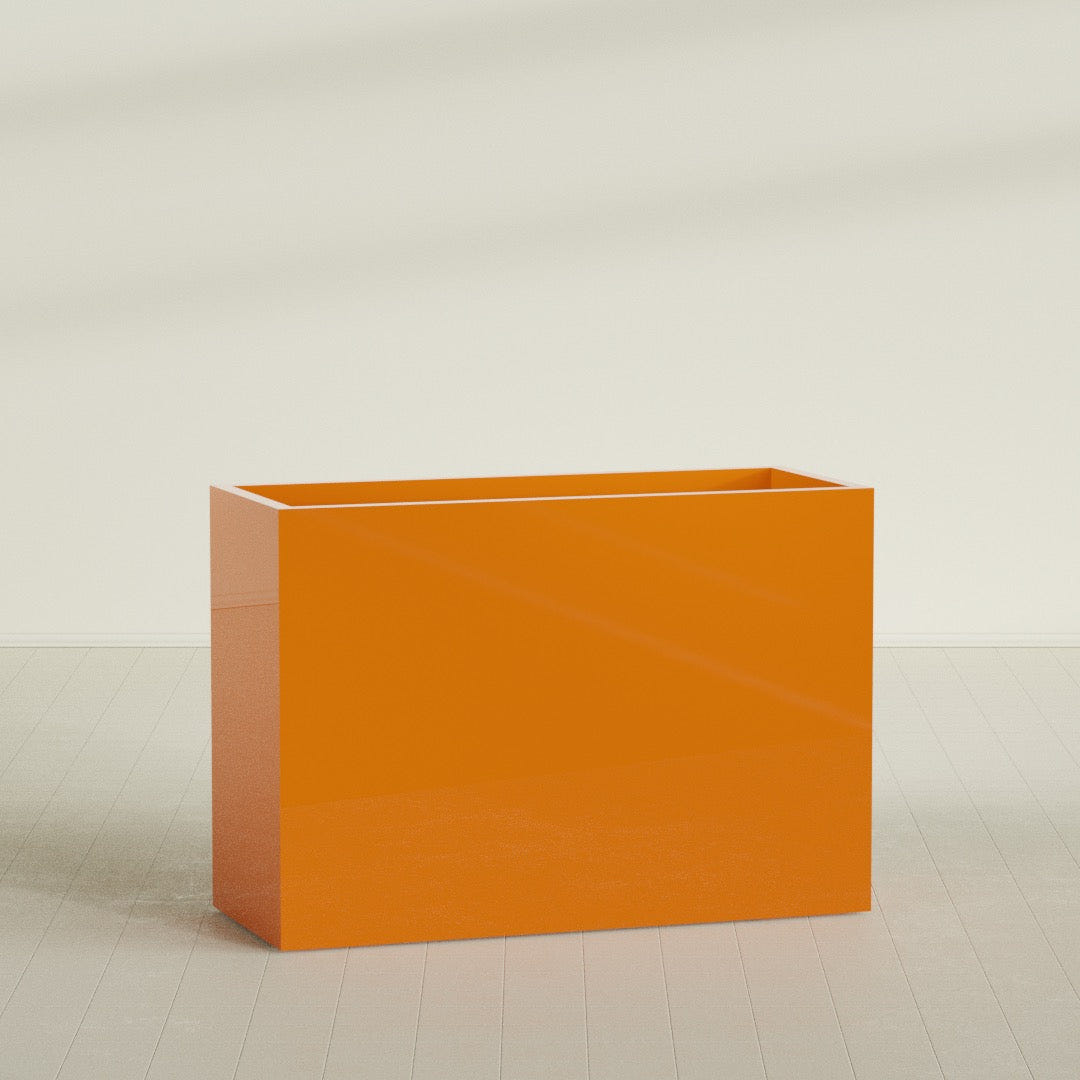 Darwin Rectangular Planter in Gloss Tangerine, 60"L × 24"D × 42"H, shown empty