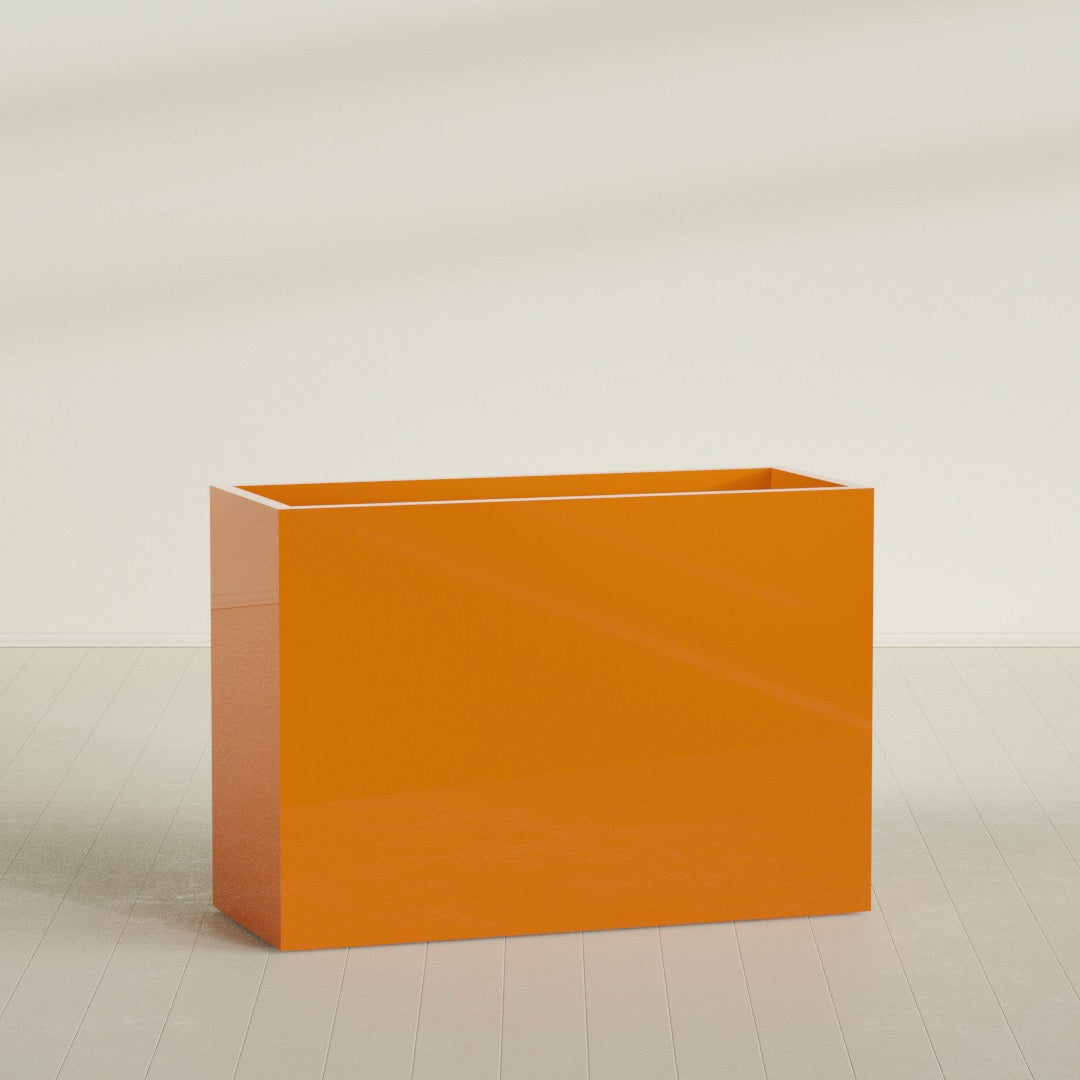Darwin Rectangular Planter in Gloss Tangerine, 60"L × 24"D × 42"H, shown empty