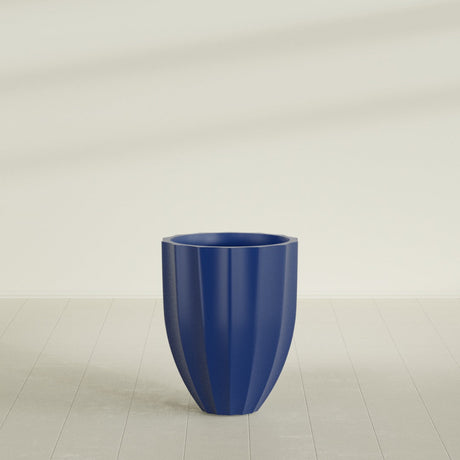 Alicante Fluted Planter in Matte Cobalt Blue, 22"D × 27"H, shown empty