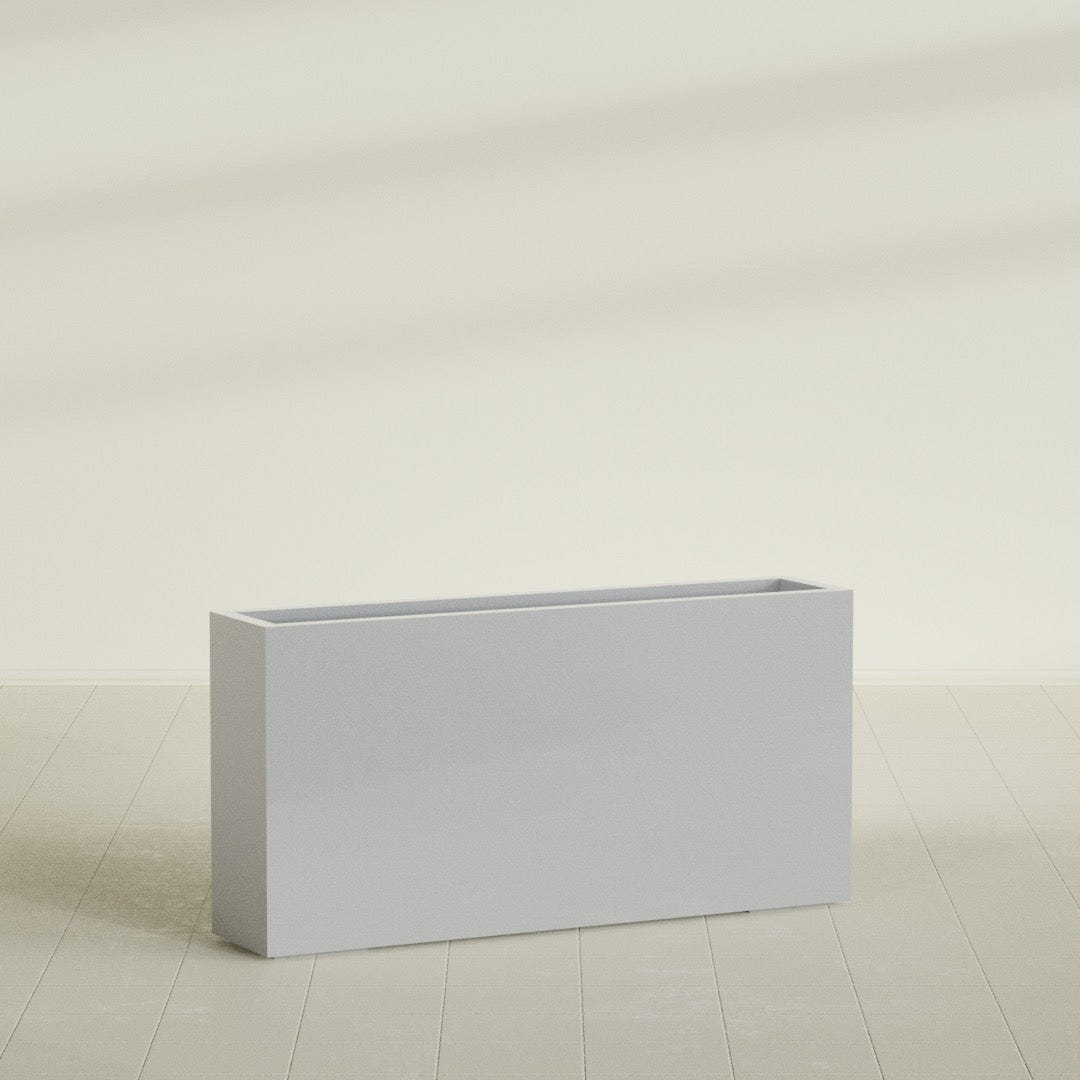 Milano Narrow Rectangular Planter in Metallic Silver, 48"L × 10"D × 24"H, shown empty