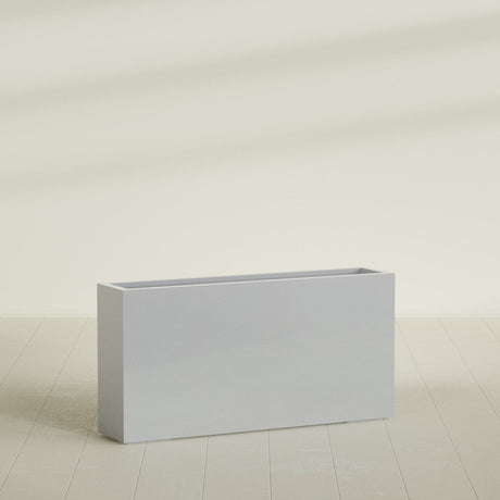 Milano Narrow Rectangular Planter in Metallic Silver, 48"L × 10"D × 24"H, shown empty