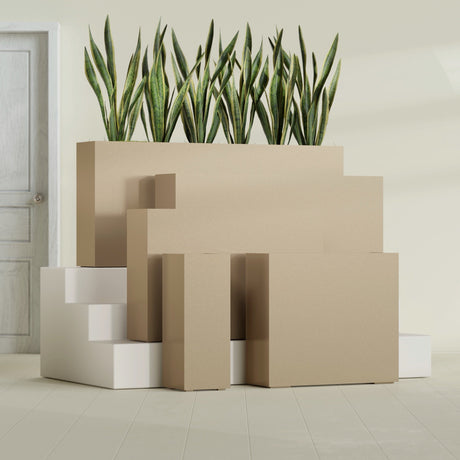 Delray Rectangular fiberglass planter in Gloss Metallic Gold, size range, in a sunlit interior