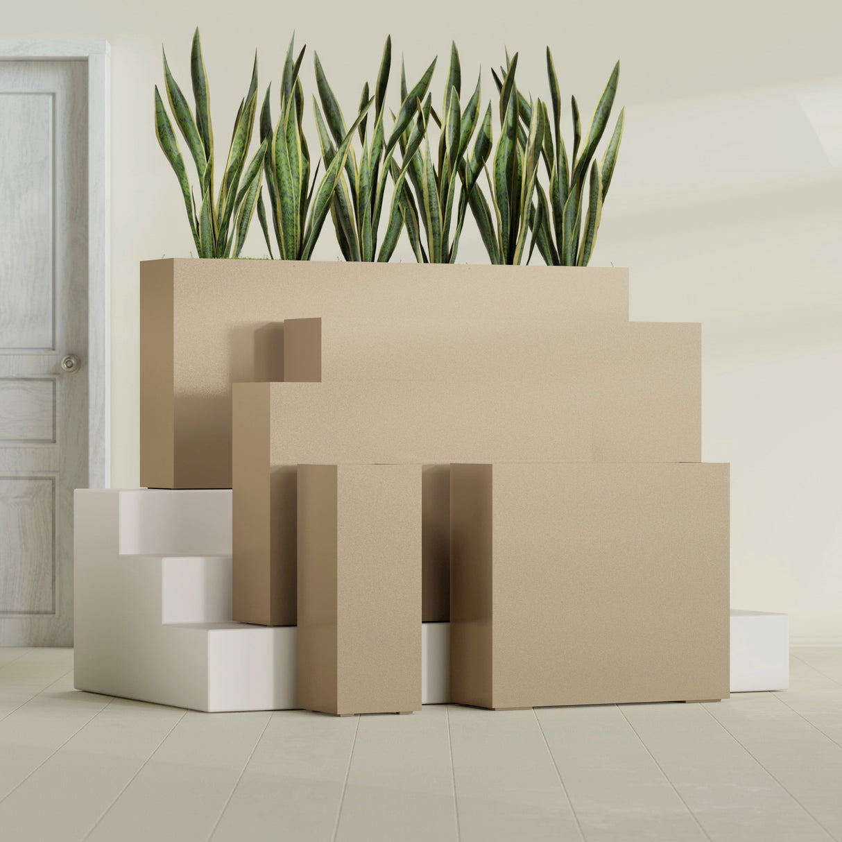 Delray Corner fiberglass planter in Gloss Metallic Gold, size range, in a sunlit interior