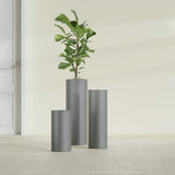 Corry Cylinder fiberglass planter in Matte Gunmetal, size range, in a sunlit interior