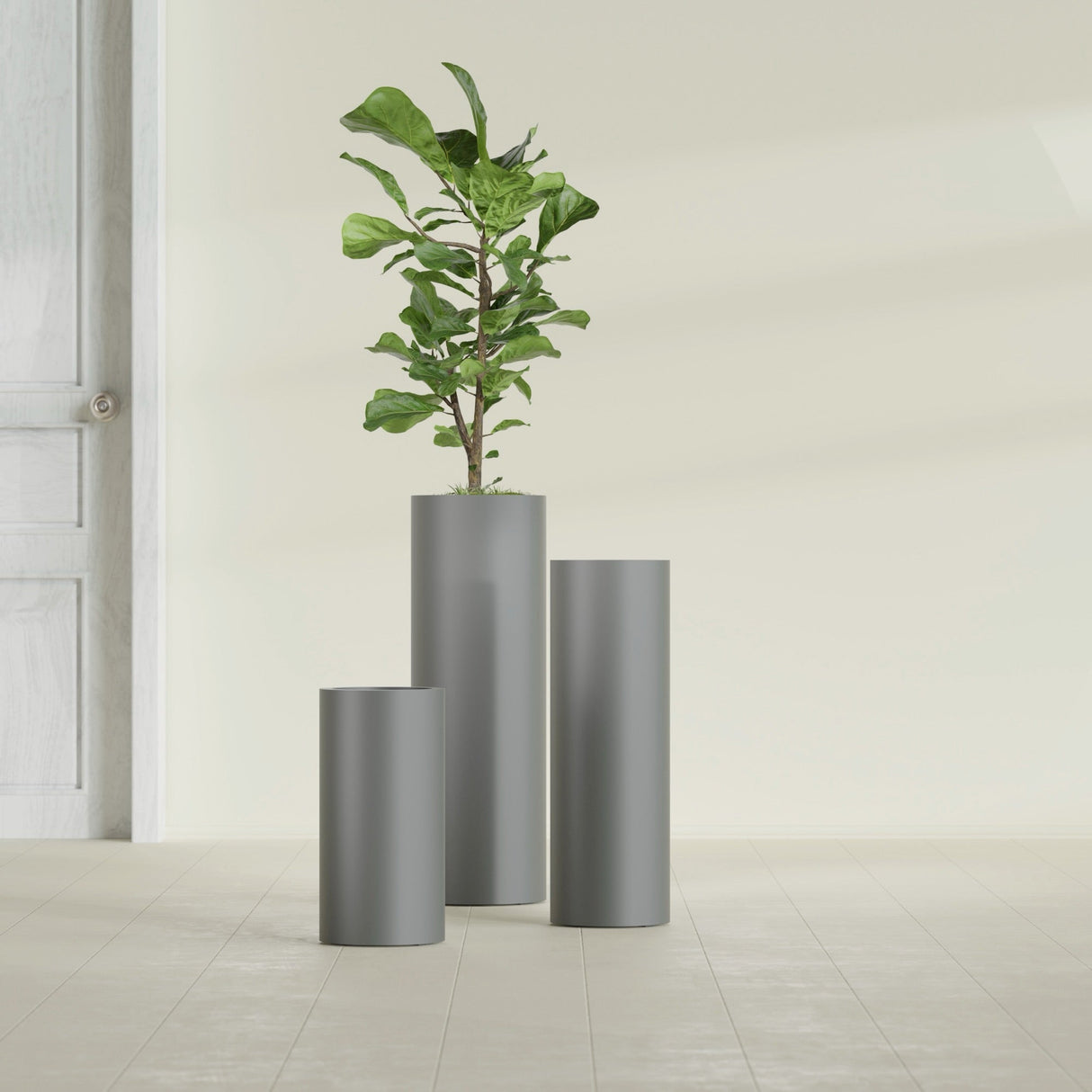 Corry Cylinder fiberglass planter in Matte Gunmetal, size range, in a sunlit interior